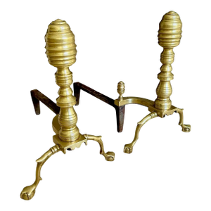 Pair Large Federal Beehive Ball Claw Brass Andirons