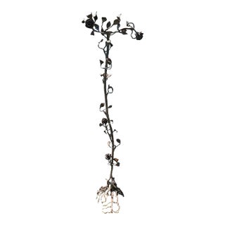 1940s Hand Forged Wrought Iron Rose Floor Candle Holder Sculpture Roots Blacksmith For Sale