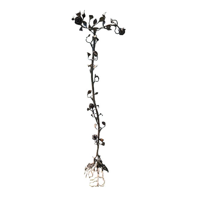 1940s Hand Forged Wrought Iron Rose Floor Candle Holder Sculpture Roots Blacksmith For Sale