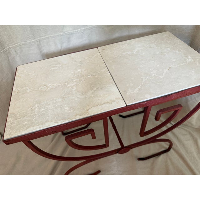 Salterini Vintage Mid-Century Art Deco Greek Key Wrought Iron & Tile Top Accent Table For Sale - Image 4 of 9
