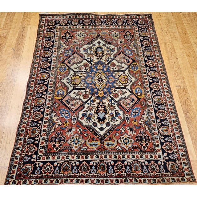 Vintage Persian Tabriz Area Rug, Hand-Knotted Wool, Heriz Geometric Pattern, Ivory & Red, 5x6 For Sale - Image 11 of 18
