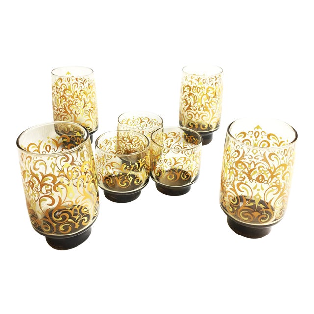 Vintage 1960s Amber Colored Libbey Glassware With Yellow and Orange