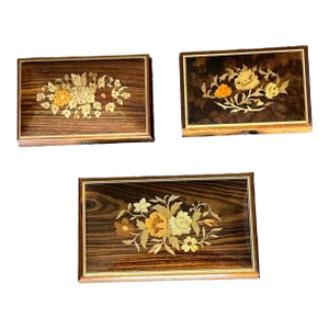 1970s Vintage Romance Reuge Wood Musical Boxes Italian Inlaid Marquetry- Set of 3