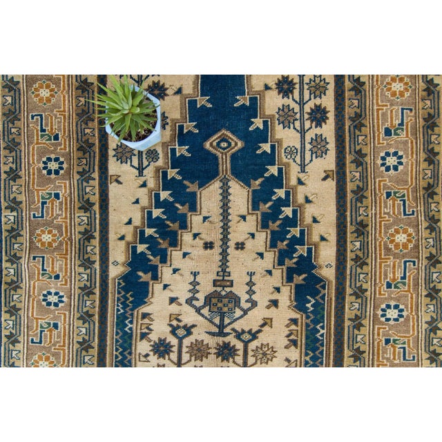 Traditional 1940s Ink Blue Beige Geometric Hand-Knotted Rug - 4'1" X 7'11" For Sale - Image 3 of 11