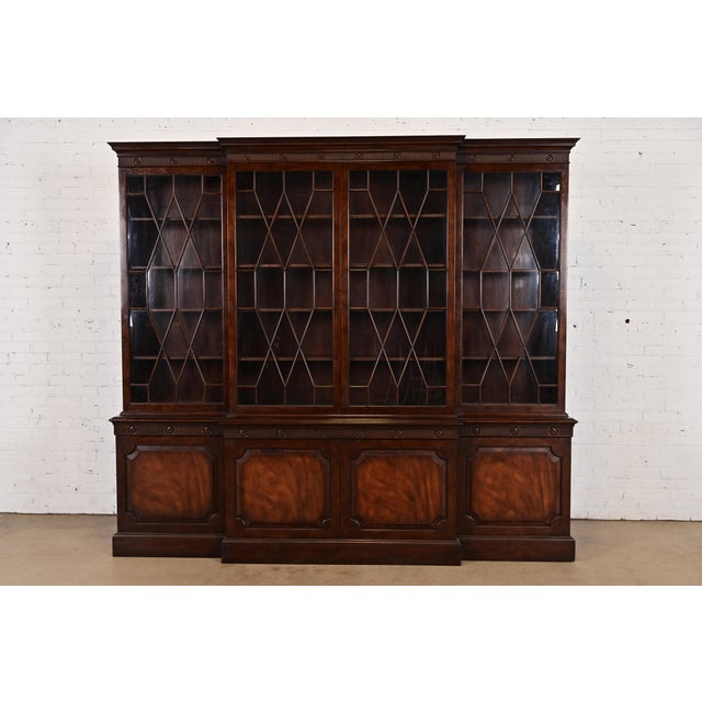 Baker Furniture Georgian Monumental Carved Flame Mahogany Breakfront Bookcase Cabinet, Circa 1960s For Sale - Image 14 of 14