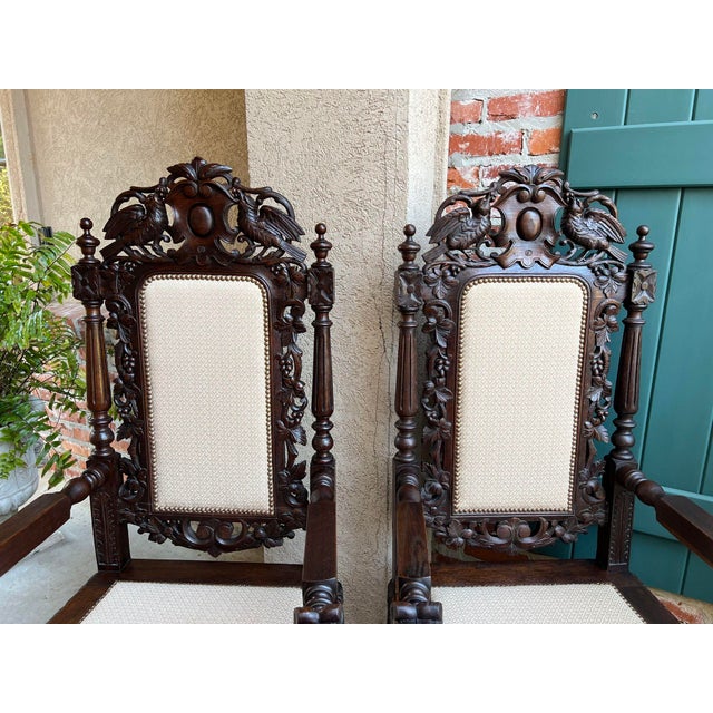 Pair Antique French Arm Chairs Dining Renaissance Carved Oak Bird Black Forest For Sale In Dallas - Image 6 of 12