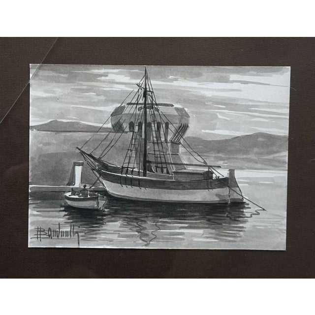 Vintage 1960’s Black & White Watercolors of Various Fishing Boats ~ Framed Set of 7 For Sale - Image 9 of 11