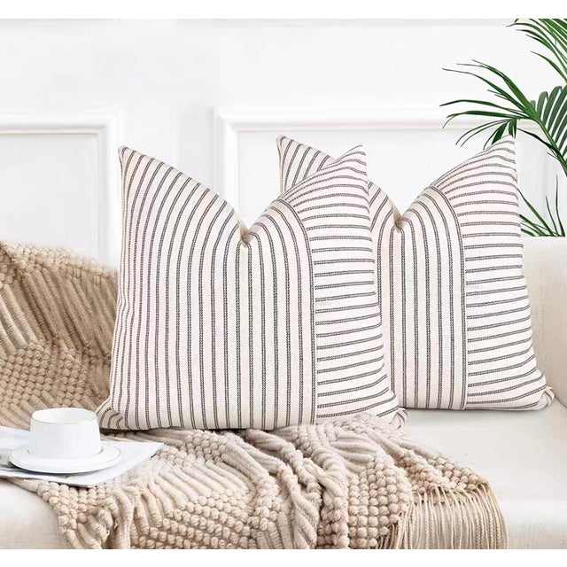 French-Style Beige and Brown Striped Square Pillow | 19-Inch Single For Sale - Image 4 of 4