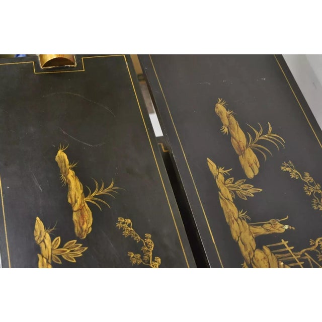 Wood Mid 20th Century Regency Style Black & Gold 3 Tier Whatnot Stands Bookcase Shelf Curio - A Pair For Sale - Image 7 of 12