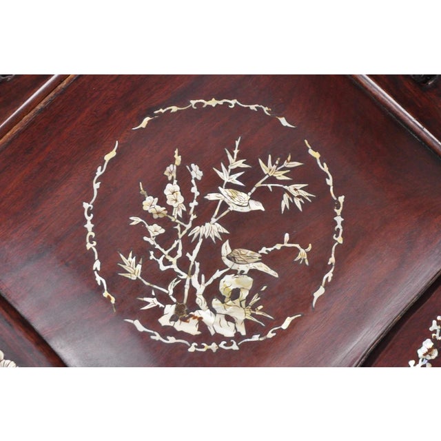 Wood Vintage Chinese Carved Hardwood Corner Lounge Chair With Mother of Pearl Inlay For Sale - Image 7 of 10