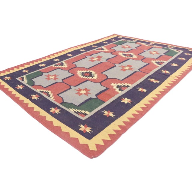 Vintage Romanian Geometric Kilim Rug with Modern Tribal Style 03'11 x 05'11. Showcasing an expressive tribal design,...