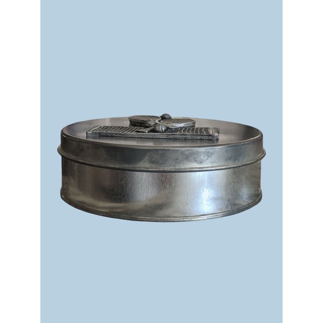 Metal Vintage Tennis Racket Pewter Round Catchall Lidded Box For Sale - Image 7 of 11