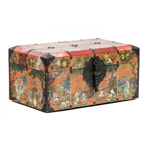 Vintage Chinese Painted Jewelry Box With Metal Mounts For Sale - Image 13 of 16