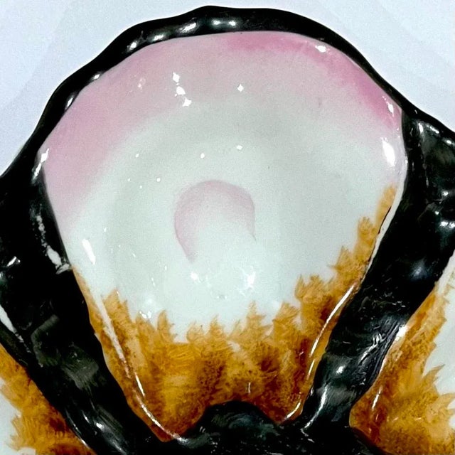 Lovely antique French porcelain oyster plate with hand-painted black ground, brown "seaweed" , and pink shells. Features...