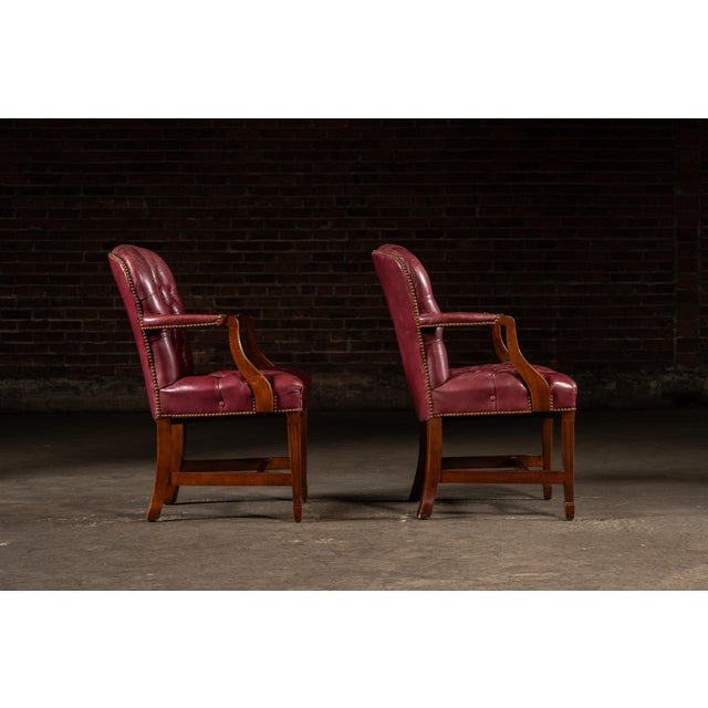 Late 20th Century Late 20th Century Pair of Tufted Leather Round-Back Dining Chairs in Burgundy For Sale - Image 5 of 12
