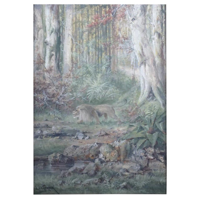 Henri Langerock Belgium Watercolor 'Prowling Lion in the Jungle' For Sale
