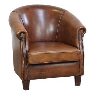 Cognac Sheep Leather Club Chair with Fixed Seat Cushion For Sale