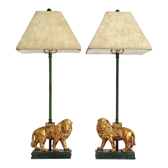Lamps Gold Leaf Lions & Shades Pair For Sale