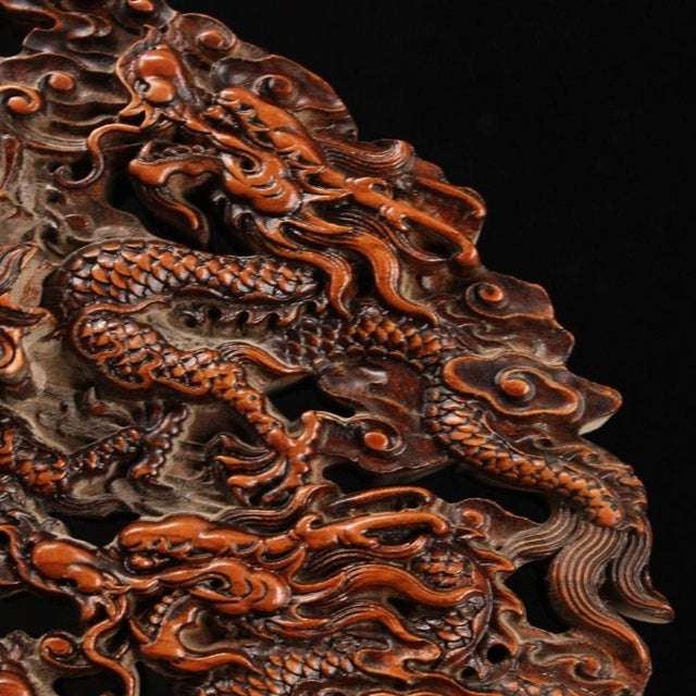 Vintage Chinese Boxwood Nine Dragon Screen | Master Carved Table Screen With Gemstone Inlay For Sale - Image 4 of 9