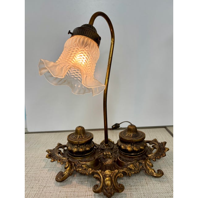 Antique Victorian Brass Gooseneck Two Inkwell Desk Lamp For Sale - Image 11 of 13