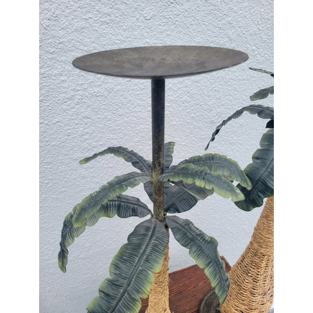 Traditional Vintage Tole Tall Weaved Wicker Metal Palm Leaf Candle Stick Pillar Floor Candle Holders- a Pair For Sale - Image 3 of 8