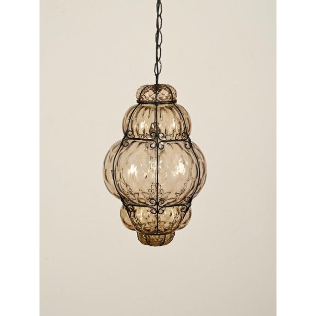 Large Mouth-Blown Murano Amber Glass and Iron Lantern Pendant Light from Seguso, Italy, 1940 For Sale - Image 17 of 18