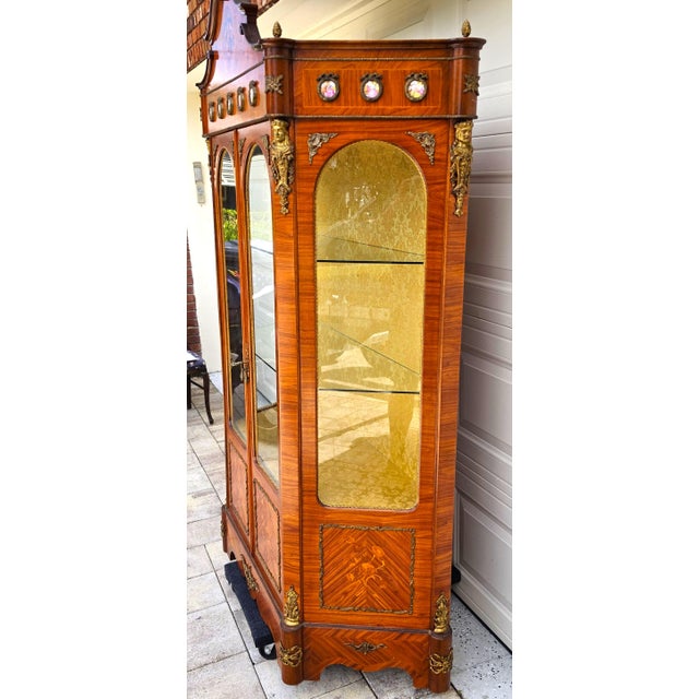 Rococo French Louis XV Marquetry Display Cabinet Figural Mounts Porcelain Medallions For Sale - Image 3 of 18