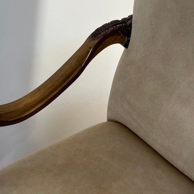 Rustic Vintage Richelieu Arm Chair in Antiqued Wood, Suede and Metallic Studs by Kreiss, a Pair For Sale - Image 3 of 12