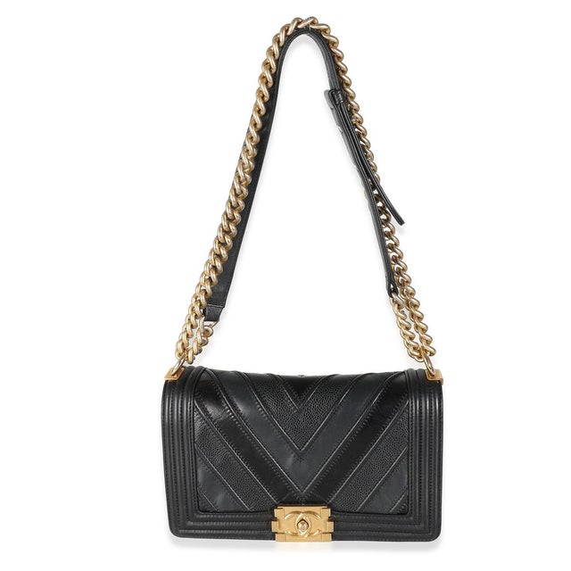 Black Black Calfskin Caviar In The Mix Chevron Old Medium Boy Handbag For Sale - Image 8 of 9
