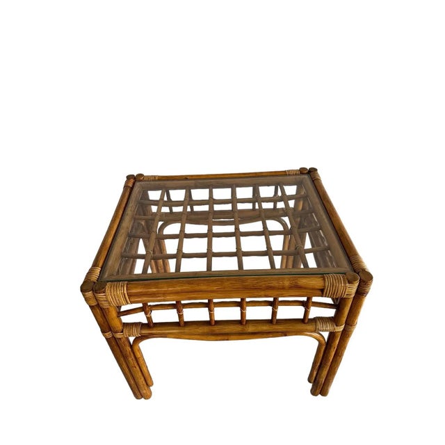 Mid 20th Century Pair of Vintage Rattan and Bentwood Glass Top Side Tables - In the Style of Franco Albini For Sale - Image 10 of 11