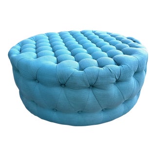 40in Round Tufted Turquoise Ottoman For Sale