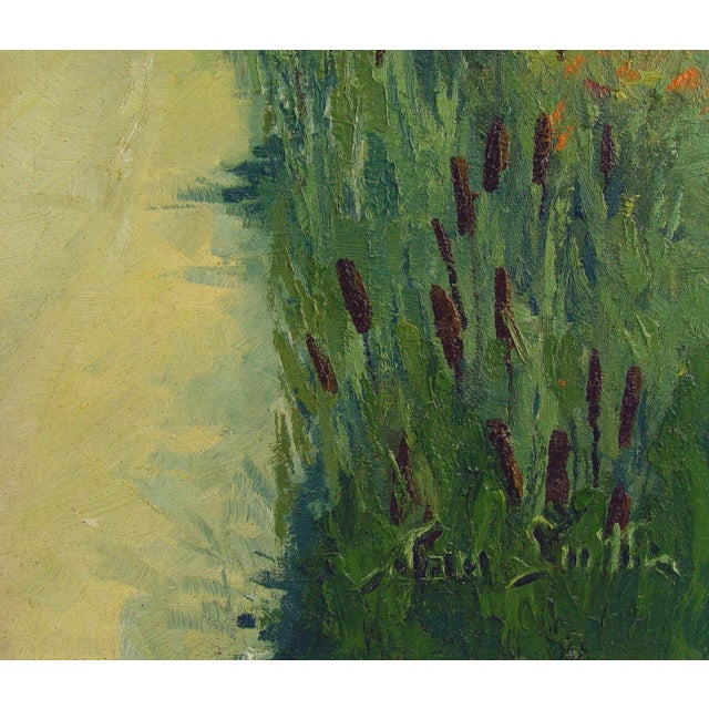 Late 20th century Impressionist country road landscape oil on canvas board painting by Sam Smith, signed lower right...