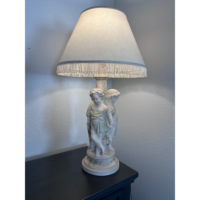 1990s Pacific Coast Lighting Neoclassical Cherub Table Lamp With Fringed Shade For Sale In Sacramento - Image 6 of 10