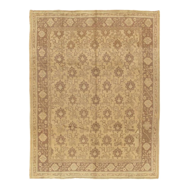 Antique Oushak Carpet, Handmade Oriental Rug, Made in Turkey, Beige, Brown 1910 For Sale