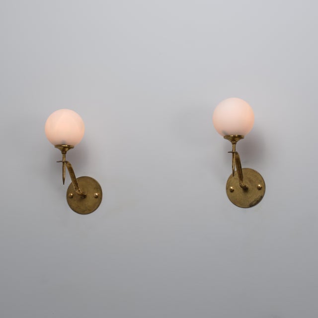 Italian Brass and Opaline Glass Globe Wall Sconces, 1950s, Set of 2 For Sale - Image 9 of 11