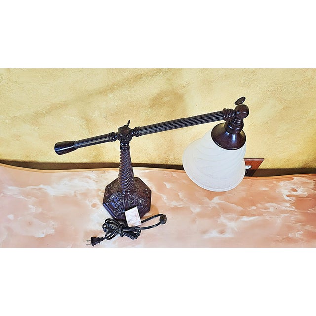 Ornate Polished Bronze Adjustable Bridge Desk Lamp With Frosted Glass Shade For Sale - Image 4 of 12