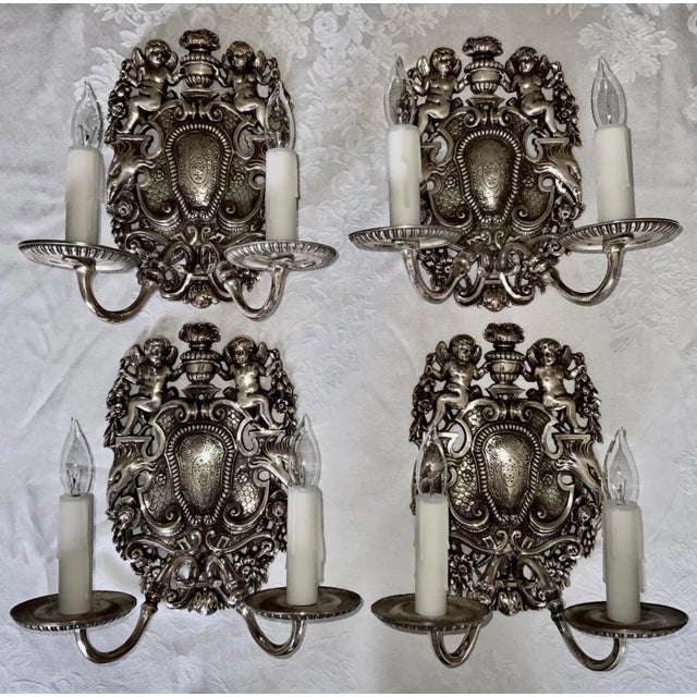 Edward F. Caldwell & Co. Antique Edward F Caldwell Silver Plated Cherub Wall Sconce (Set of 4) c.1910 For Sale - Image 4 of 17