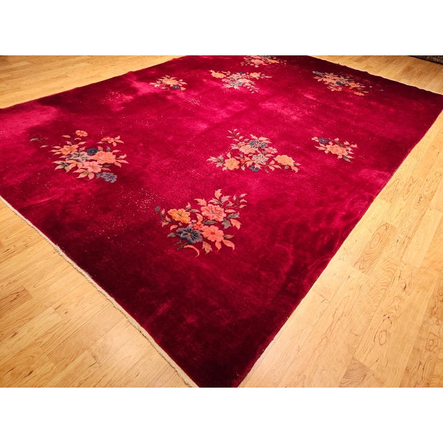 Antique Chinese Art Deco Rug, Hand-Knotted Wool, Crimson Floral Design, 10x14 For Sale - Image 10 of 18