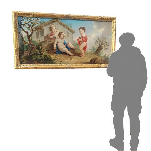 Large framed oil on canvas depicting three putti playing with birds Early 19th-century painting with vibrant colors: some...