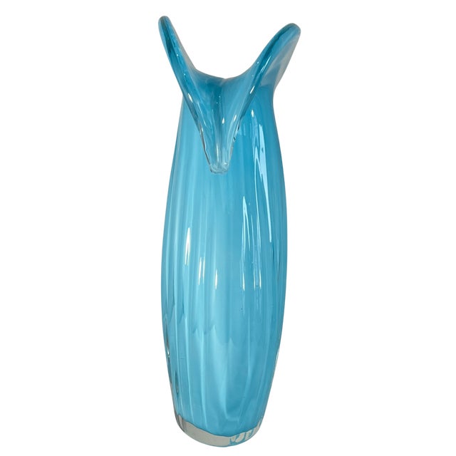 Art Glass Aqua Blue Vase Crescent Clam Lip Fluted Vase For Sale - Image 9 of 17