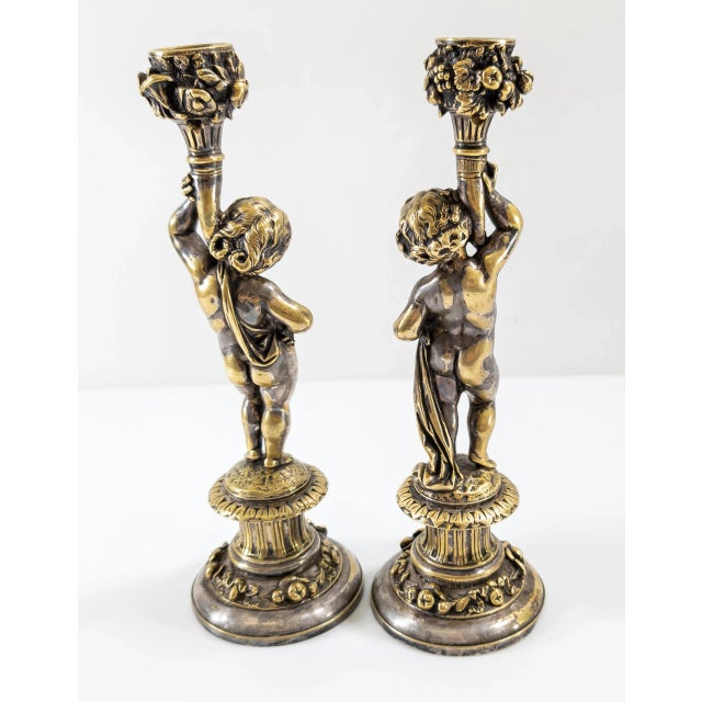 Bronze 19th Century Pair of French Silvered Bronze Candlestick in Cherub or Putti Form For Sale - Image 8 of 12
