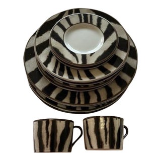 1990s Ralph Lauren Kendall Collection Zebra Porcelain Dinnerware With Hand Painted Bronze Rim- 12 Pieces For Sale