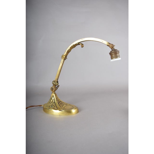 1920s Art Nouveau Brass Desk Lamp with Adjustable Gooseneck, Fluted Glass Shade and Floral Relief Base, Europe, 1920s For Sale - Image 5 of 10