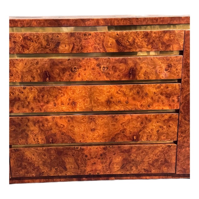 MCM Design Burl Walnut and Brass Sideboard For Sale