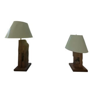 1960s California Modern Sculptural Wood Lamps With/Leonard R. Foss Shades Palm Springs - a Pair For Sale
