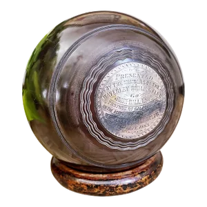 1883 English Sterling & Wood Trophy Lawn Bowling Ball on Stand