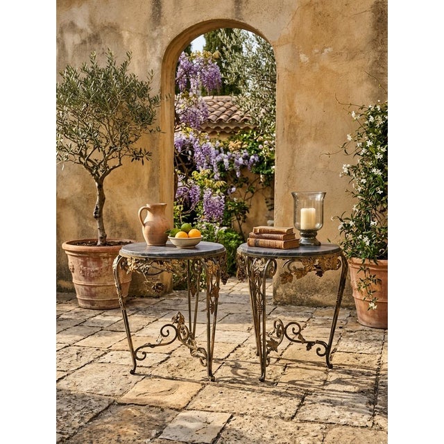 1920s Two French Art Deco Wrought Iron Tables With Marble Top For Sale - Image 4 of 5