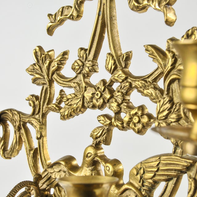 Vintage Solid Brass Ornate 5-Arm Wall Sconce Pair With Ribbon and Love Bird Motif For Sale - Image 13 of 15