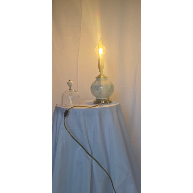 Almond Vintage Lenox Floral Porcelain Table Lamps With Brass Accents and Pleated Shades - Pair For Sale - Image 8 of 8