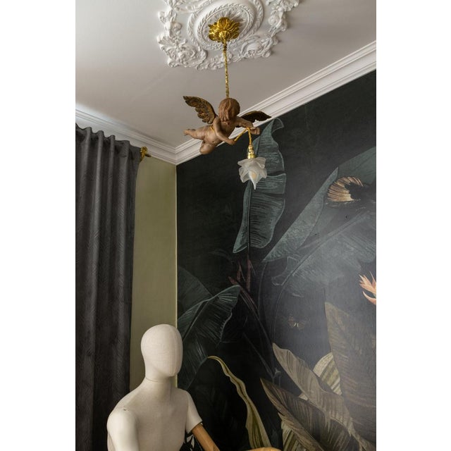 French Art Nouveau Cherub Pendant Light in Carved Wood & Frosted Glass, 1920 For Sale - Image 10 of 18